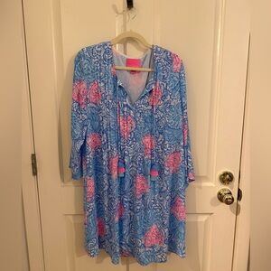 LILLY PULITZER Marlina Tunic Dress w/ Tassels Blue Pink Shells EUC $178 ~ Size L